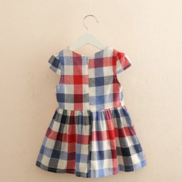NWT Blue Red Grey Plaid Dress w Flower Pin Age 3 - Picture 10 of 11